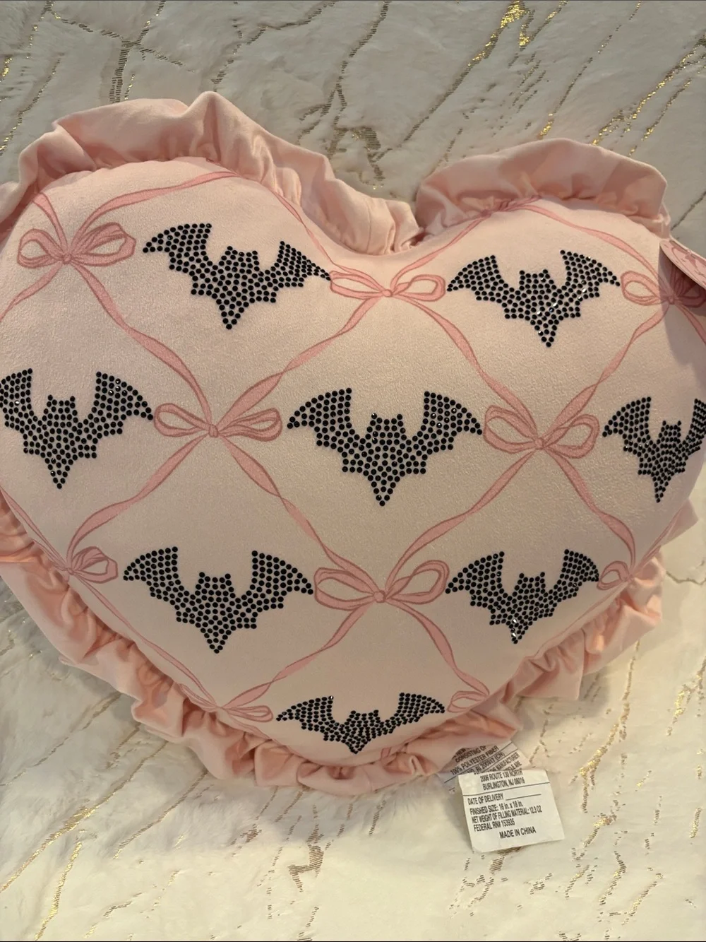BNWT Trick or Chic Heart Rhinestone Bats Throw Pillow Goth Coquette Halloween